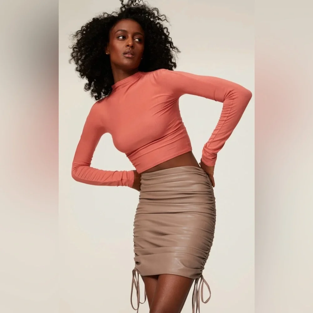 Lapointe Womens‎ Taupe Faux Leather Ruched Mini Skirt Adjustable Side Drawstring